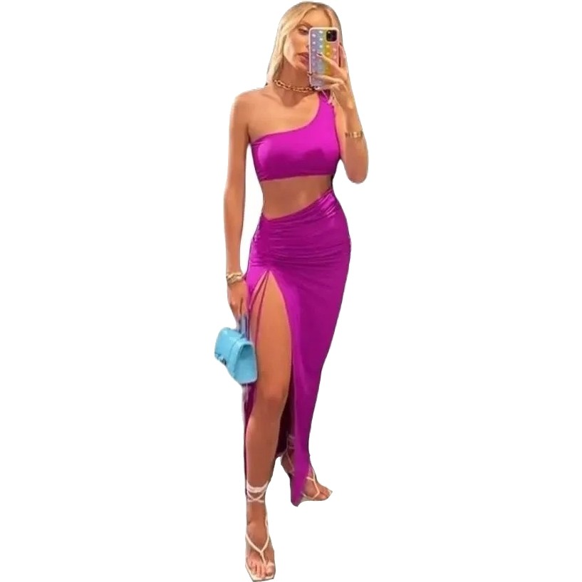 Asymmetric Top And Slit Skirt Set
